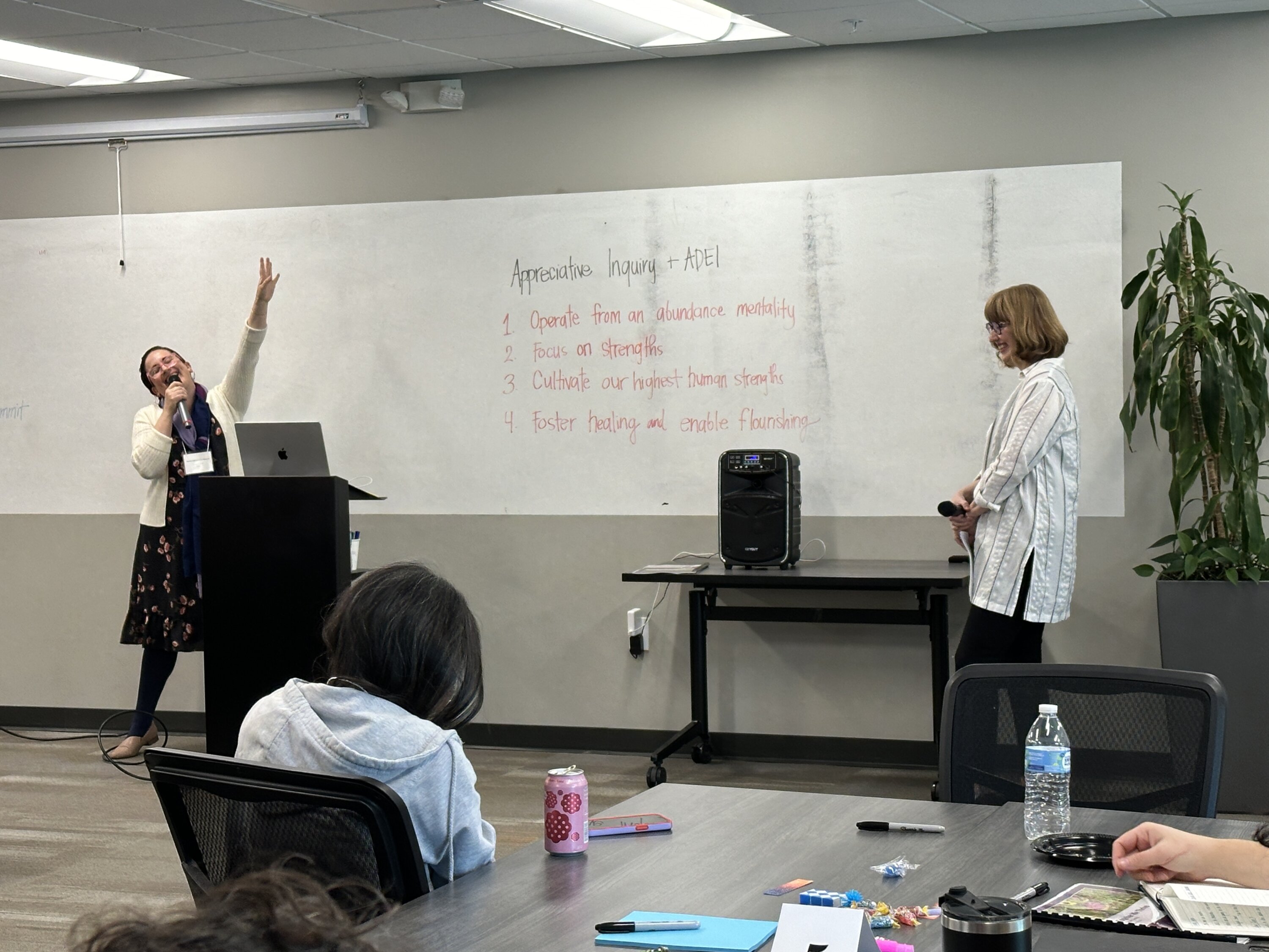 Consultants Pamela Espinosa de los Monteros (left) and Janice Jaguszewski (right) thank participants and provide an overview of Appreciative Inquiry and its role in ADEI work.