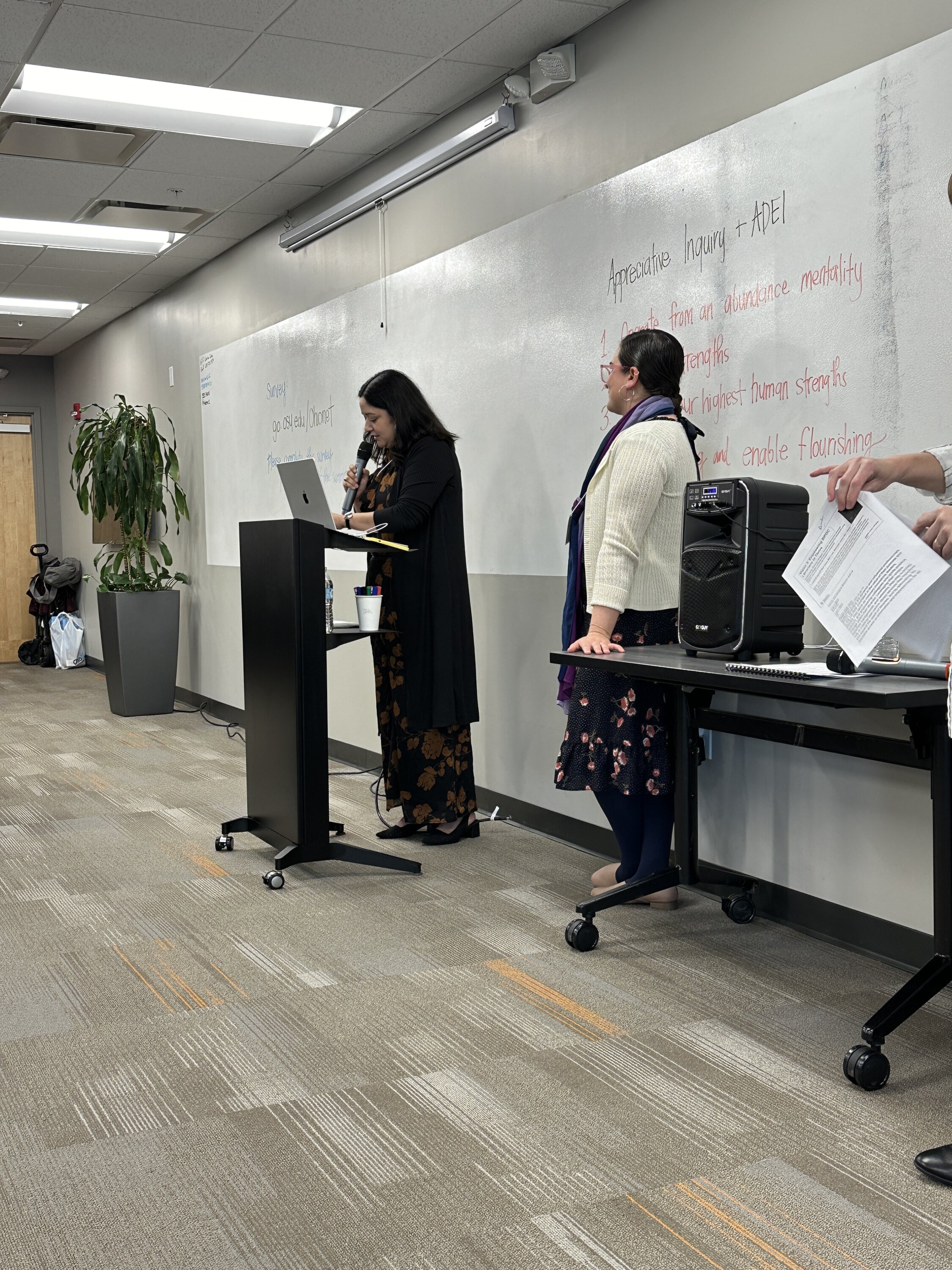 Beronica Avila (left), Outreach & Engagement Librarian at Denison University, shares experiences from the structured interviews held with BIPOC librarians across the state as part of OhioNet's ADEI Assessment.